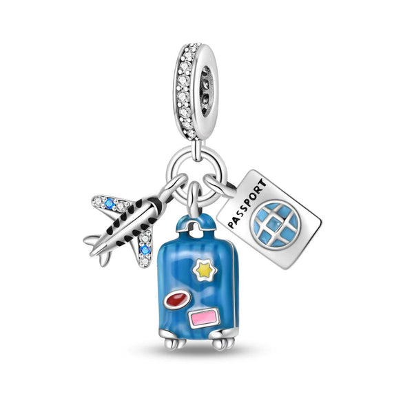 Travel Style Airplane Suitcase Camera Charm Pendant Beads Silver Plated Diy Jewelry Bracelet Accessories With Dripping Oil Design