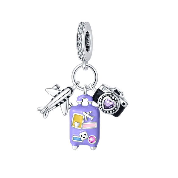 Travel Style Airplane Suitcase Camera Charm Pendant Beads Silver Plated Diy Jewelry Bracelet Accessories With Dripping Oil Design