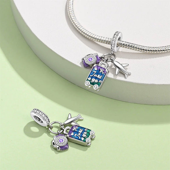 Travel Style Airplane Suitcase Camera Charm Pendant Beads Silver Plated Diy Jewelry Bracelet Accessories With Dripping Oil Design