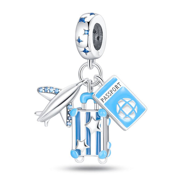 Travel Style Airplane Suitcase Camera Charm Pendant Beads Silver Plated Diy Jewelry Bracelet Accessories With Dripping Oil Design
