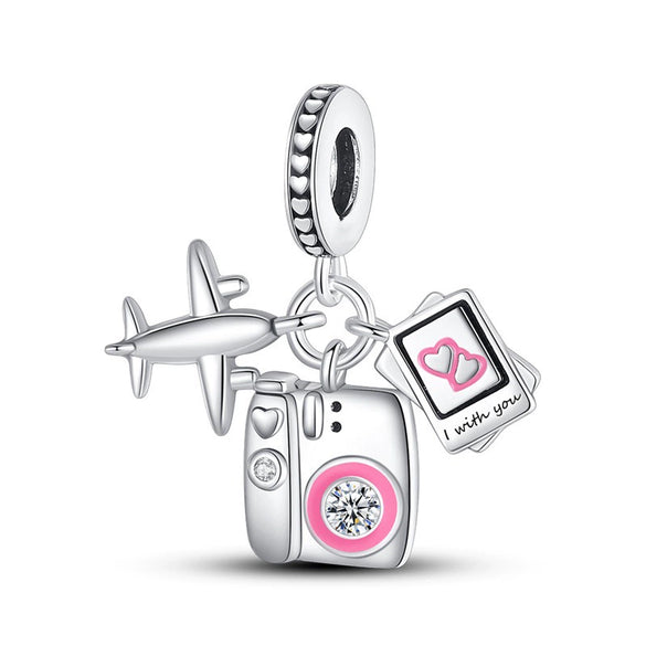 Travel Style Airplane Suitcase Camera Charm Pendant Beads Silver Plated Diy Jewelry Bracelet Accessories With Dripping Oil Design