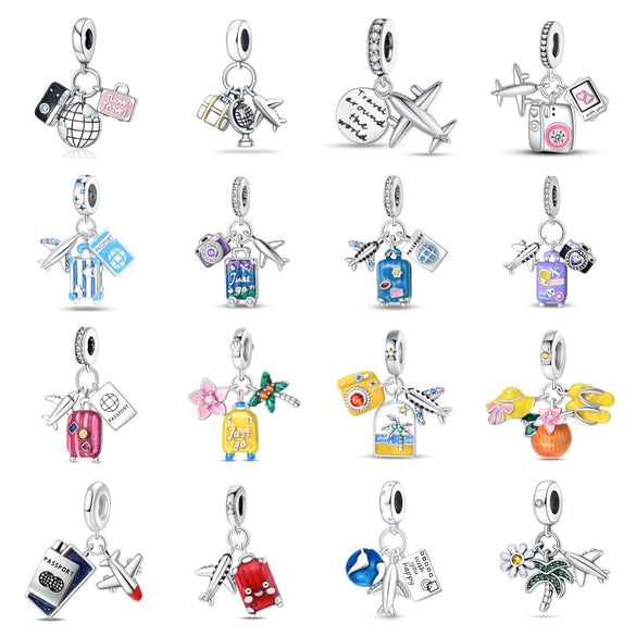 Travel Style Airplane Suitcase Camera Charm Pendant Beads Silver Plated Diy Jewelry Bracelet Accessories With Dripping Oil Design