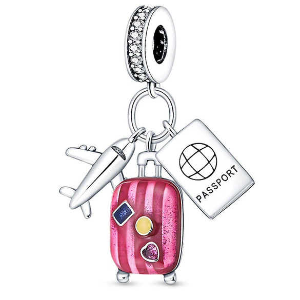 Travel Style Airplane Suitcase Camera Charm Pendant Beads Silver Plated Diy Jewelry Bracelet Accessories With Dripping Oil Design