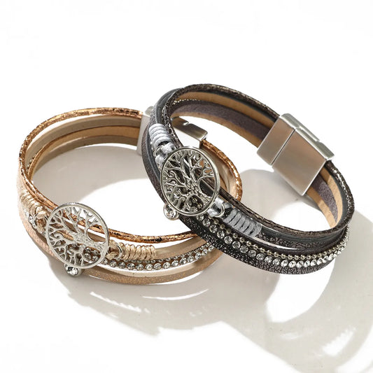 Tree Of Life Diamond Alloy Bracelet Pu Braided Rope Leather Bracelet Jewelry