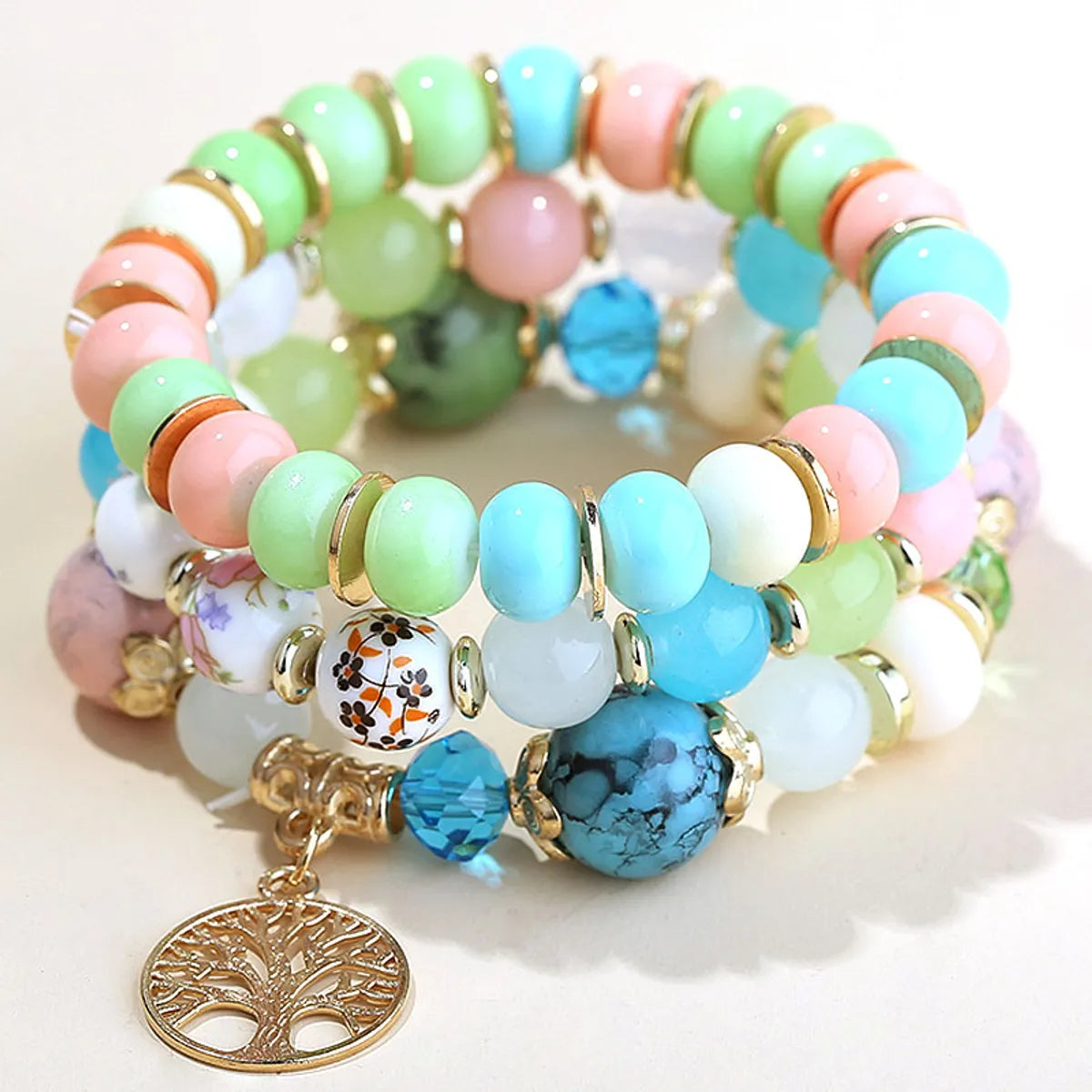 Trend Simple Metal Tree Of Life Candy Beads Multi-Layer Fashion Bracelet