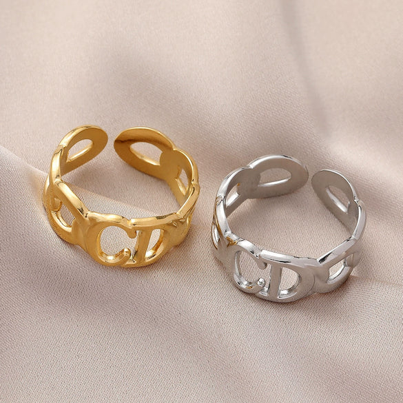 Trendy Cool Vintage Open Stainless Steel Ring With Geometric Pattern For Women And Men Electroplated And Adjustable