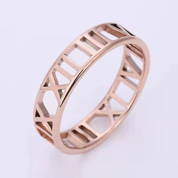 Trendy Creative Roman Numeral Cut Out Titanium Steel And Stainless Steel Rose Gold Unisex Couple Ring