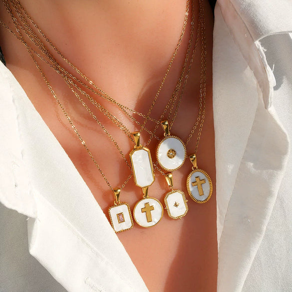Trendy Electroplated Geometric Stainless Steel Unisex Cross Chain Necklace With Rectangular Shell Constellation Pendant