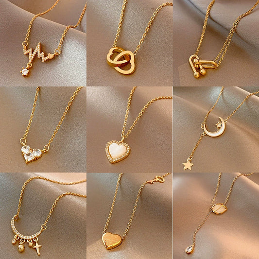 Trendy Fashion Retro Love Clavicle Chain Necklace For Women Titanium Steel Gold Inlaid Geometric Design
