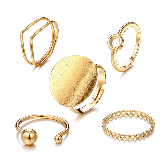 Trendy Geometric Round Alloy Open Ring 5Piece Set With Electroplating