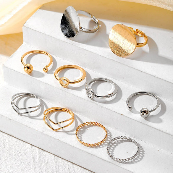 Trendy Geometric Round Alloy Open Ring 5Piece Set With Electroplating