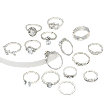 Trendy Hollow Diamond Water Drop Joint Open Alloy Ring 15-Piece Set