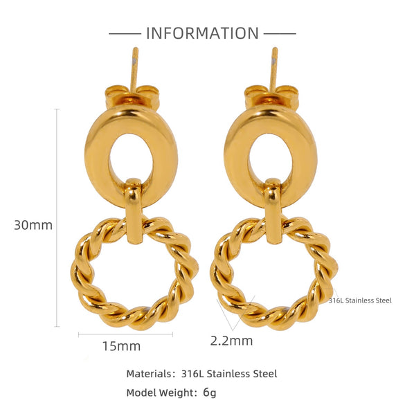 Trendy Hollow Double Ring Button Hoop Earrings Stainless Steel Electroplating Women's