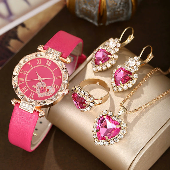 Trendy Love Arrow Round Dial Belt Watch Heart Jewelry Alloy Case Imitation Leather Strap Rose Gold Buckle