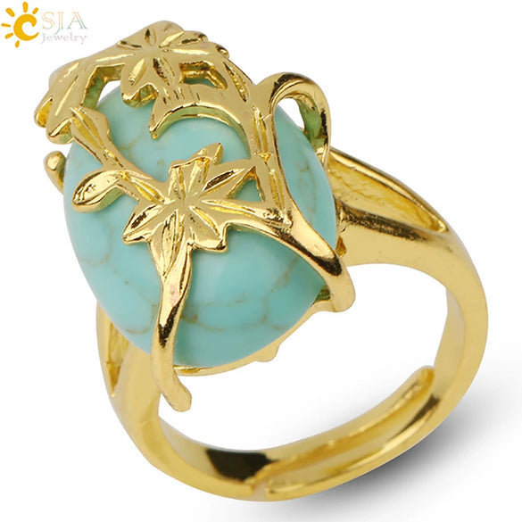 Trendy Natural Stone Gold Plated Flower Adjustable Open Ring Minimalist Floral Statement Ring For Unisex