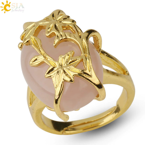 Trendy Natural Stone Gold Plated Flower Adjustable Open Ring Minimalist Floral Statement Ring For Unisex