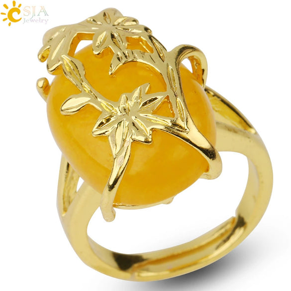 Trendy Natural Stone Gold Plated Flower Adjustable Open Ring Minimalist Floral Statement Ring For Unisex
