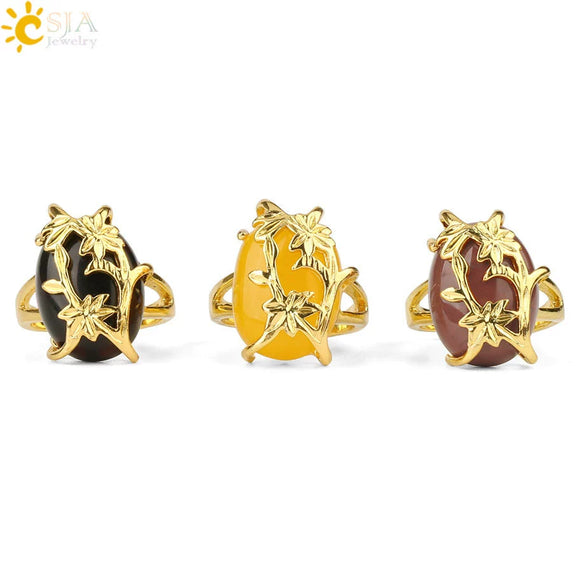 Trendy Natural Stone Gold Plated Flower Adjustable Open Ring Minimalist Floral Statement Ring For Unisex