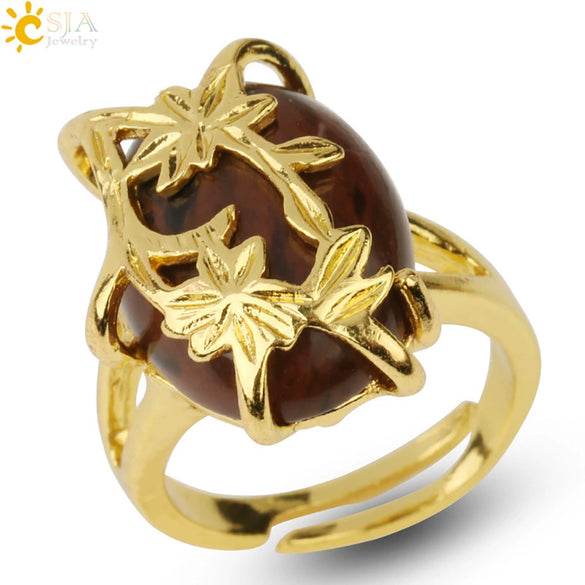 Trendy Natural Stone Gold Plated Flower Adjustable Open Ring Minimalist Floral Statement Ring For Unisex