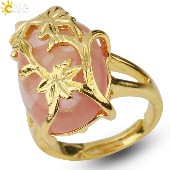 Trendy Natural Stone Gold Plated Flower Adjustable Open Ring Minimalist Floral Statement Ring For Unisex