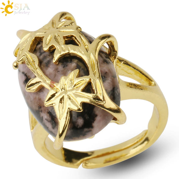 Trendy Natural Stone Gold Plated Flower Adjustable Open Ring Minimalist Floral Statement Ring For Unisex