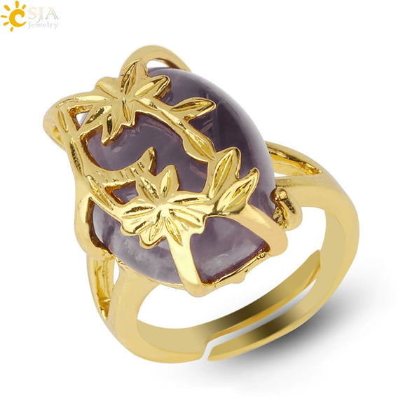 Trendy Natural Stone Gold Plated Flower Adjustable Open Ring Minimalist Floral Statement Ring For Unisex