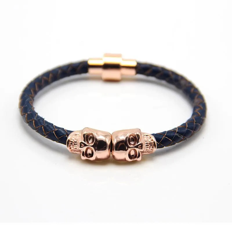 Trendy New Rose Gold Original Skull Magnetic Bracelet Men'S Punk Hand-Woven Metal Cowhide Bracelet