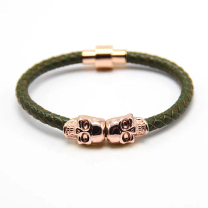 Trendy New Rose Gold Original Skull Magnetic Bracelet Men'S Punk Hand-Woven Metal Cowhide Bracelet