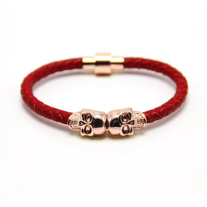 Trendy New Rose Gold Original Skull Magnetic Bracelet Men'S Punk Hand-Woven Metal Cowhide Bracelet