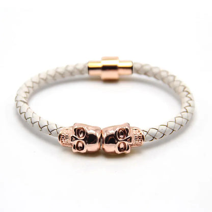 Trendy New Rose Gold Original Skull Magnetic Bracelet Men'S Punk Hand-Woven Metal Cowhide Bracelet