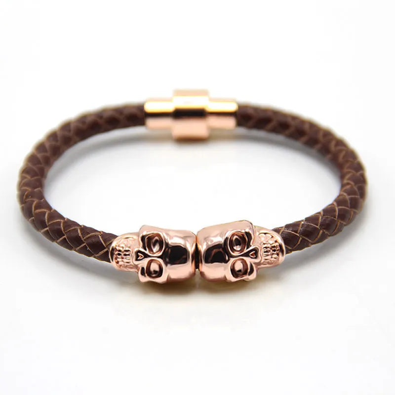 Trendy New Rose Gold Original Skull Magnetic Bracelet Men'S Punk Hand-Woven Metal Cowhide Bracelet