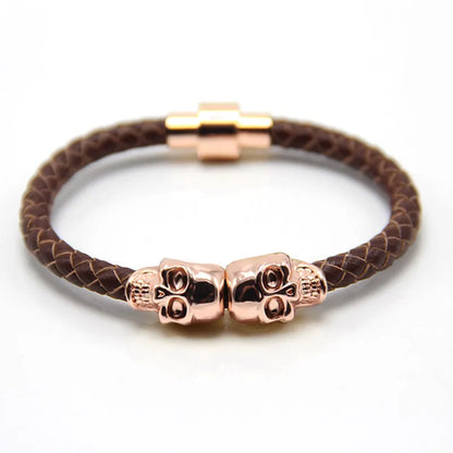 Trendy New Rose Gold Original Skull Magnetic Bracelet Men'S Punk Hand-Woven Metal Cowhide Bracelet