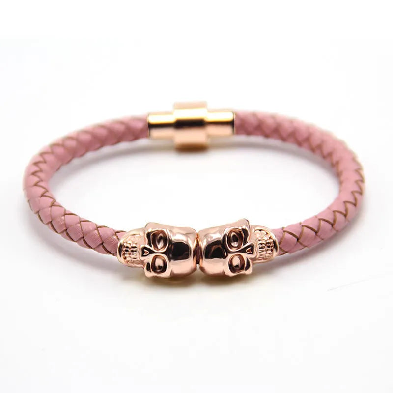 Trendy New Rose Gold Original Skull Magnetic Bracelet Men'S Punk Hand-Woven Metal Cowhide Bracelet