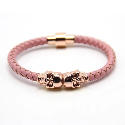 Trendy New Rose Gold Original Skull Magnetic Bracelet Men'S Punk Hand-Woven Metal Cowhide Bracelet