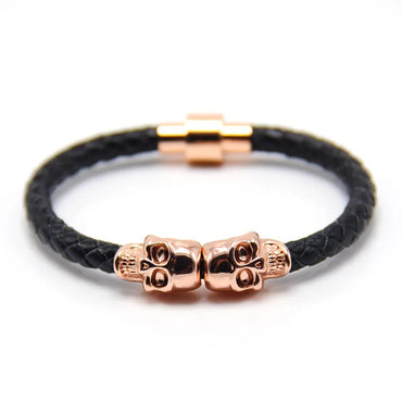 Trendy New Rose Gold Original Skull Magnetic Bracelet Men'S Punk Hand-Woven Metal Cowhide Bracelet