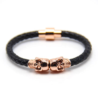 Trendy New Rose Gold Original Skull Magnetic Bracelet Men'S Punk Hand-Woven Metal Cowhide Bracelet