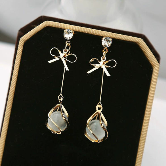 Trendy Opal Long Bow Earrings In Alloy Gold Plated Silver Plated With Electroplating For Elegant And Personalized Look
