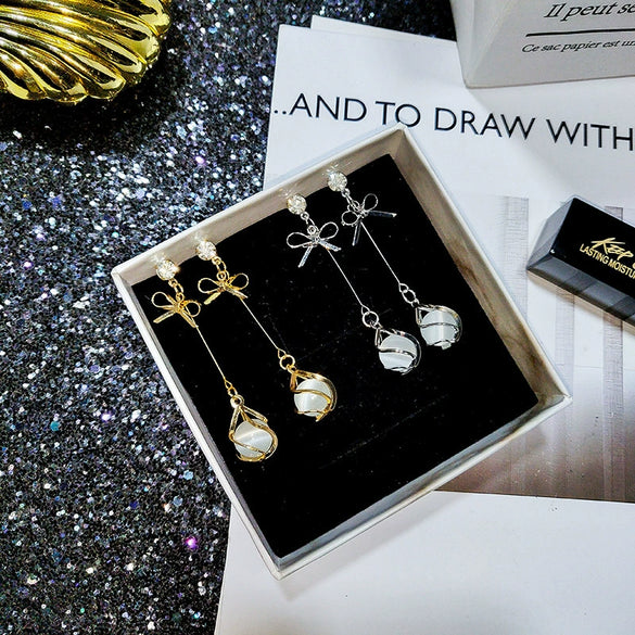 Trendy Opal Long Bow Earrings In Alloy Gold Plated Silver Plated With Electroplating For Elegant And Personalized Look
