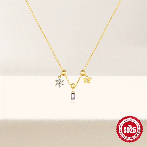 Trendy Square 925 Silver Butterfly Flower Pendant Necklace With Removable Pendant Electroplated For Women Animal Zodiac Pattern