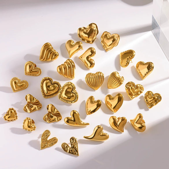 Trendy Stainless Steel Heart Shaped Stud Earrings For Women With Irregular Lava Heart Design And Real Gold Plated Finish
