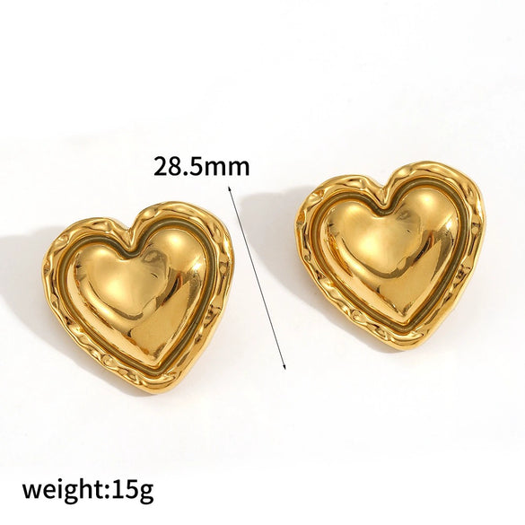 Trendy Stainless Steel Heart Shaped Stud Earrings For Women With Irregular Lava Heart Design And Real Gold Plated Finish