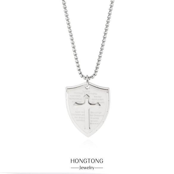 Trendy Stainless Steel Shield Pendant Unisex Necklace With Round Beads And Electroplating Treatment Geometric Style