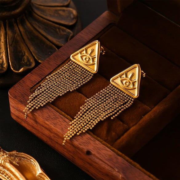 Trendy Titanium Steel Electroplated Women's Earrings With Geometric Pattern And Triangle Devil's Eye Long Round Bead Tassel