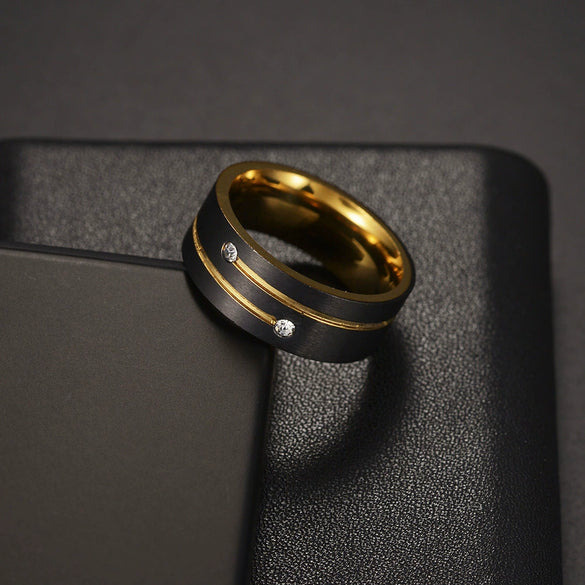 Trinket Neutral Titanium Steel Ring Electroplated Twocolor Black Gold Inlaid With Diamond Geometric Style