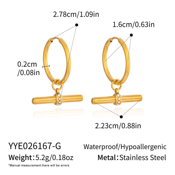 Tshaped Geometric Zircon Pendant Earrings Stainless Steel With Vacuum Pvd Gold Plating Women's French Retro Style