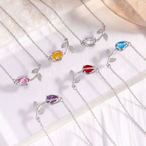 Tulip Flower Necklace Copper Mixed Gemstone Inlay Electroplating O Chain Women's Titanium Steel Accessories