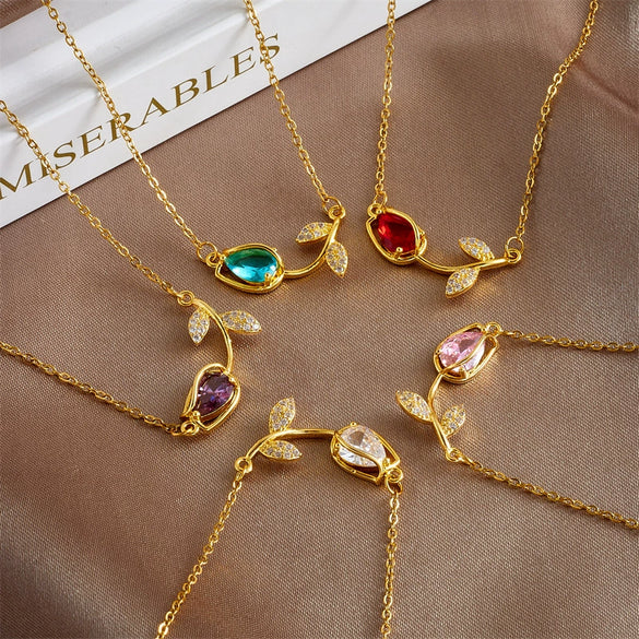 Tulip Flower Necklace Copper Mixed Gemstone Inlay Electroplating O Chain Women's Titanium Steel Accessories