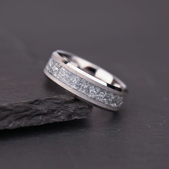 Tungsten Steel Couple Rings With White Gold Electroplating Sandblasted Finish And Silver Foil Inlay Minimalist Geometric Unisex Jewelry