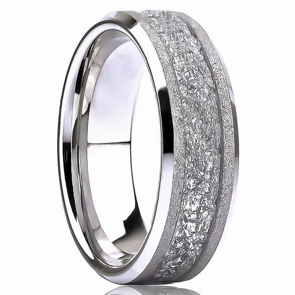 Tungsten Steel Couple Rings With White Gold Electroplating Sandblasted Finish And Silver Foil Inlay Minimalist Geometric Unisex Jewelry