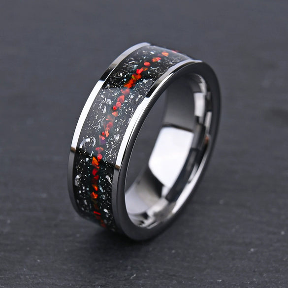 Tungsten Steel Flat Red Opal Ring With Geometric Design Minimalist Unisex Jewelry With Fine Craftsmanship
